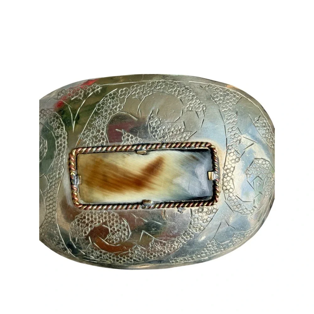 Vintage Boho Braided Leather Belt Oversized Engraved Statement Buckle Western 46